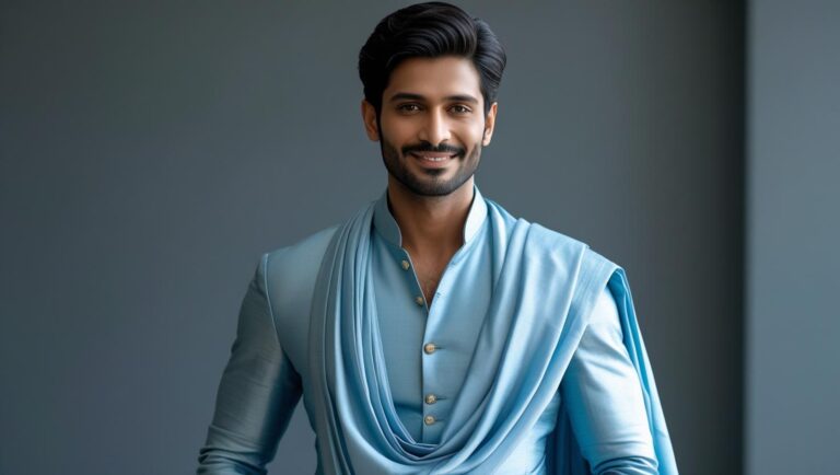 indian smart male model wearing dhoti kurta